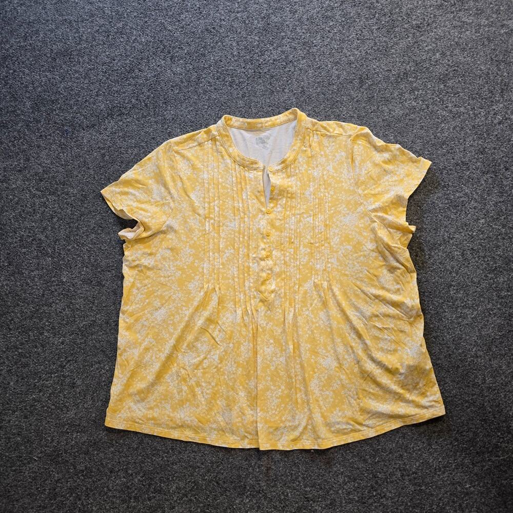 Lands End Top Women Size 1X Yellow White Floral Short Sleeve Soft Stretch Casual